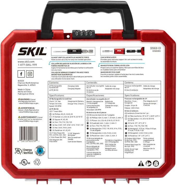 SKIL Rechargeable 4V Cordless Pistol Grip Screwdriver with 42pcs Bit Set, USB Charger and Carrying Case - SD5618-03