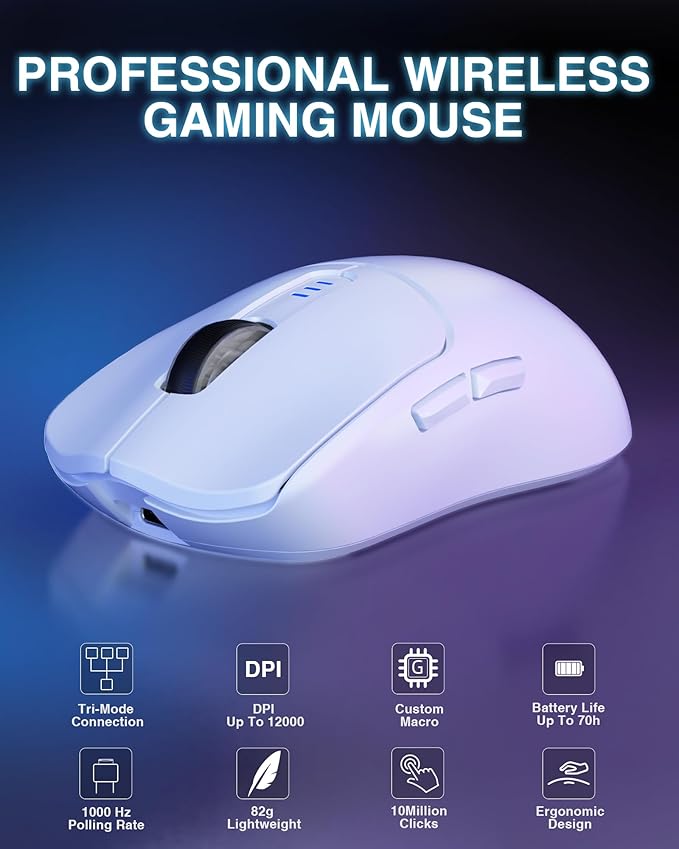 AULA SC580 Wireless Gaming Mouse, Tri-Mode 2.4G/BT5.0/USB-C Gaming Mouse, 12000 DPI Rechargeable Wireless Mouse with 6 Programmable Buttons, Ergonomic Computer Mouse for Laptop/PC/Mac/Tablet