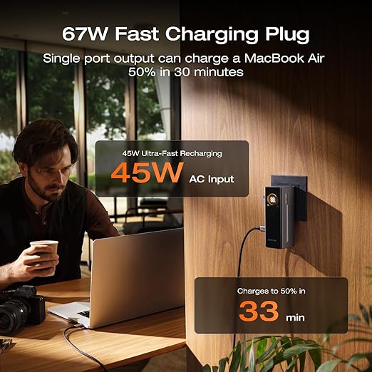 EF EcoFlow Rapid Pro 3-in-1 Power Bank, 10,000mAh Battery Pack with 67W Foldable AC Plug, Detachable USB-C Cable, 45W Fast Recharging, LCD Display, Compatible with Phones, Laptops, and More