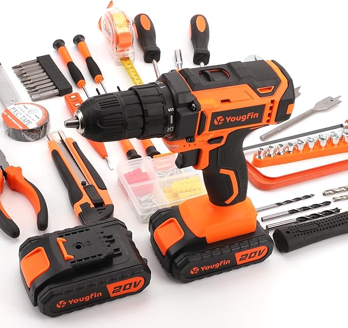Tool Kit with Drill, Yougfin 20V Cordless Power Drill with 2 Batteries & Charger Drill Sets Combo Kit for Men 114 pcs Household Hand Tools for Home Apartment Dorm Repair