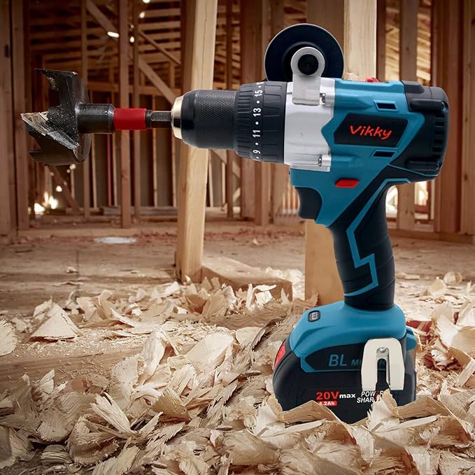 Vikky 20V cordless hammer/drill/drive offers 3 speed variations, powered by brushless motor and drill bit held in place by a heavy duty 1/2" ratchet chuck