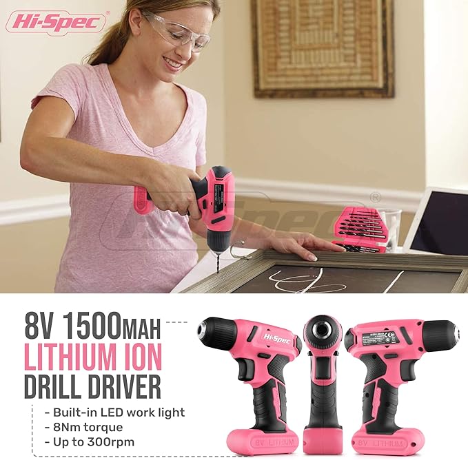 Hi-Spec 58pc Pink 8V USB Electric Power Cordless Drill Driver and Womens Ladies Home DIY Tool Kit Set. Screwdrivers, Drill Bit Set Accessories, Pliers and Hammer In a Toolbox Case