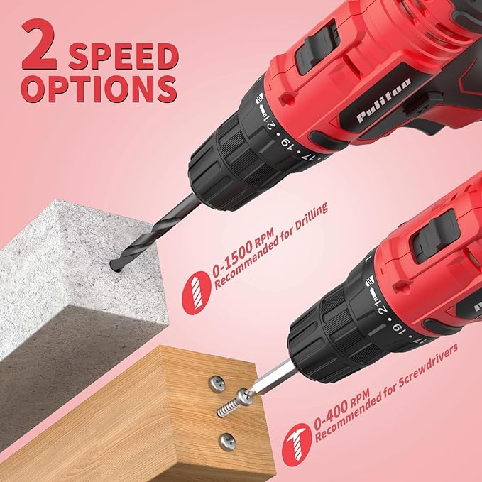 PULITUO 20V Cordless Drill/Driver, 2 Batteries Electric Screwdriver, 30Nm Power Drill Driver, 21+1 Torque, 2 Speed, 3/8"Keyless Chuck, power Drill with LED Light, Drill Driver Kit for Home (Red)