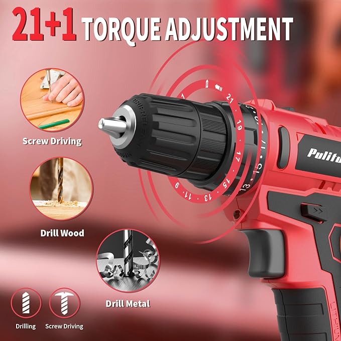 PULITUO 20V Cordless Drill/Driver, 2 Batteries Electric Screwdriver, 30Nm Power Drill Driver, 21+1 Torque, 2 Speed, 3/8"Keyless Chuck, power Drill with LED Light, Drill Driver Kit for Home (Red)