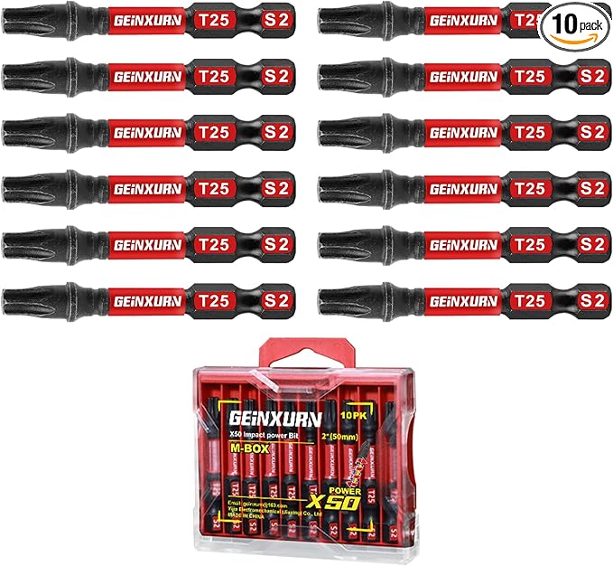 10 Pieces 2 In. T25 Impact Tough Magnetic Screwdriver Bit Set, #25 Torx Head Power Bits, S2 Alloy Steel Star Bits with Storage M-Box