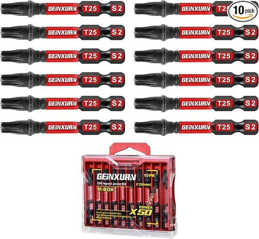 10 Pieces 2 In. T25 Impact Tough Magnetic Screwdriver Bit Set, #25 Torx Head Power Bits, S2 Alloy Steel Star Bits with Storage M-Box