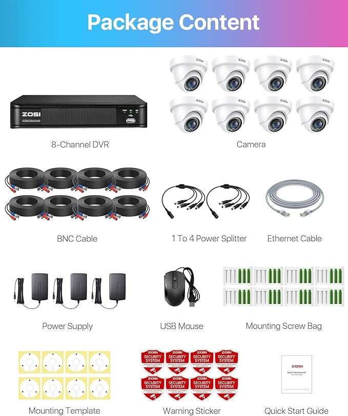 ZOSI 1080P H.265+ Home Security Camera System, AI Human Vehicle Detect, 5MP Lite 8 Channel Surveillance DVR, 8 x 1080p Weatherproof CCTV Dome Camera Outdoor, 80ft Night Vision, Remote Access (No HDD)