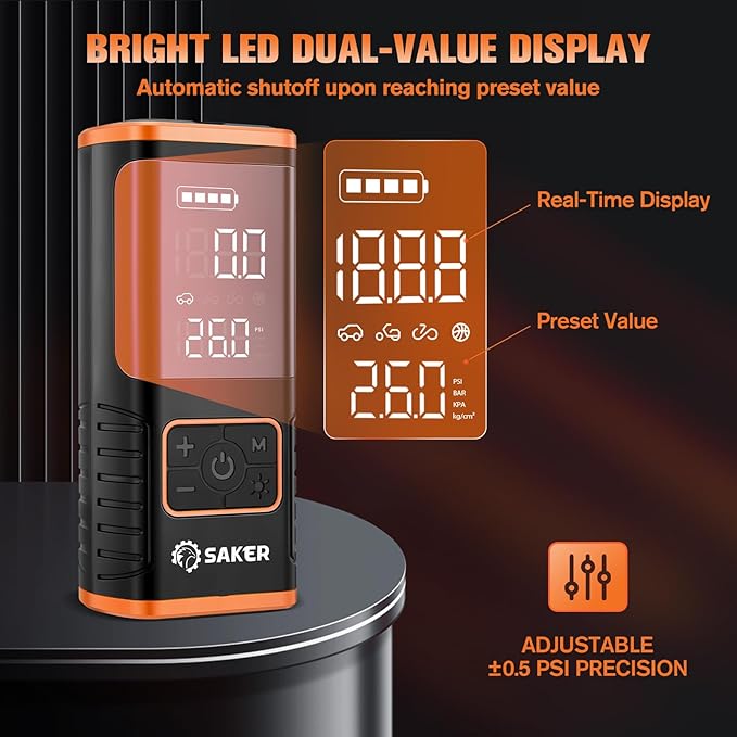 Saker Tire Inflator Portable Air Compressor - 150PSI Car Tires Air Pump with Tire Pressure Gauge Led Light, 7500mAh Battery & 12V DC Smart Tire Inflator for Car, Motorcycle, Bike Tire, Ball