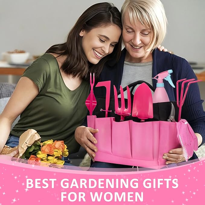 Gardening Tools 9-Piece Heavy Duty Gardening Hand Tools Set (Pink),Stainless Steels and Reinforced Garden Supplies Kit, Durable Garden Tools Organizer Handbag,Ideal Garden Gifts for Women