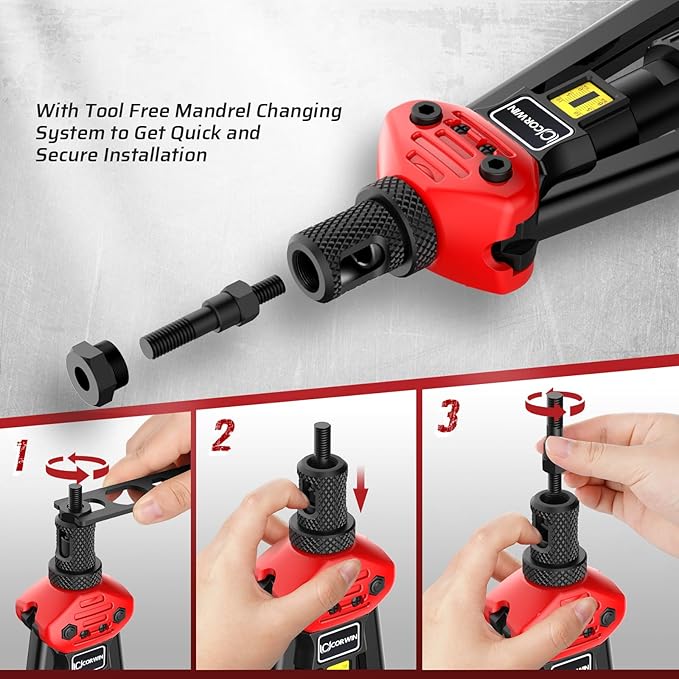 16" Rivet Nut Gun with Stroke Adjustment - 15 Metric and SAE Mandrels (M3-M12 & to 1/2") + 4 Pieces M6 Mandrels - 200 Threaded Nuts (100 Each) in Storage Boxes - Portable Blow Molded Case
