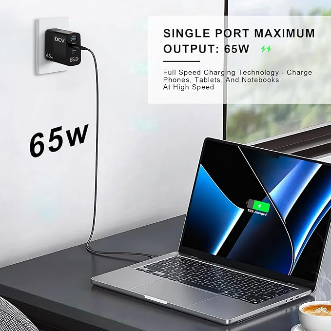 DCV 65W USB C Charger with 6.6ft C to C Cable, GaN 3-Port Fast Charging Block with LED Digital Display, PD/PPS/QC 3.0 Foldable Wall Charger for Laptops, MacBook, iPhone 15, Galaxy S23/S22, Note 20/10