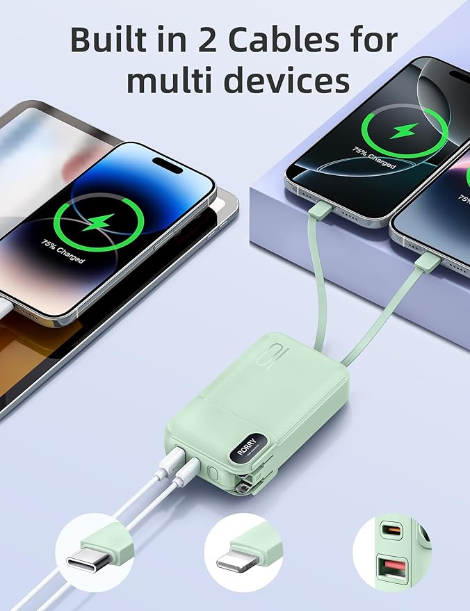 RORRY Portable Charger Built in Cables, AC Wall Plug In Portable Charger Power Bank 10000mAh Travel Battery Pack 22.5W Fast Charging for iPhone 16/15/14 Samsung Galaxy S24/S23/S22 Pixel LG iPad, Green