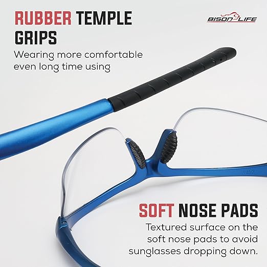 BISON LIFE Sport MTX Clear Safety Glasses with Blue Temple, ANSI Z87+, Impact Resistant, Anti-Scratch UV Protection Lens for Shooting, Yard Work, Cycling, and Outdoor Activities (1 Pack)
