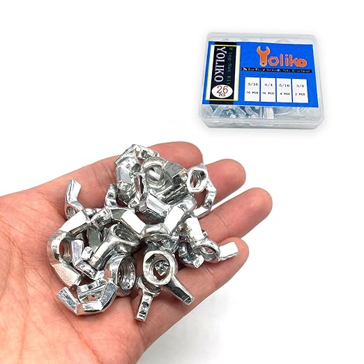 26 Pcs 4 Sizes 3/16",1/4",5/16",3/8" Wingnuts, Quality Carbon Steel Wing Nuts Sliver Zinc Plated Fasteners Parts Butterfly Nut, Hand Twist Tighten Hardware Nuts Butterfly Wing-Nut Assorted Kit