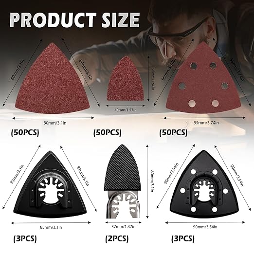 161Pcs Oscillating Tool Sanding Pad Kit, 3Pcs 3-1/2 Inch Perforated Triangle Sanding Pads 3Pcs Triangle Sanding Pads and 2Pcs Finger Sanding Pad, 150Pcs Multitool Sandpaper