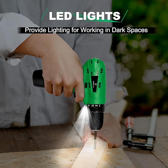 Cordless Drill Set,12V Power Drill Set with Battery and Charger, Electric Driver Drills Bits, 3/8'' Keyless Chuck,18+1 Torque Setting with LED Electric Drills Set