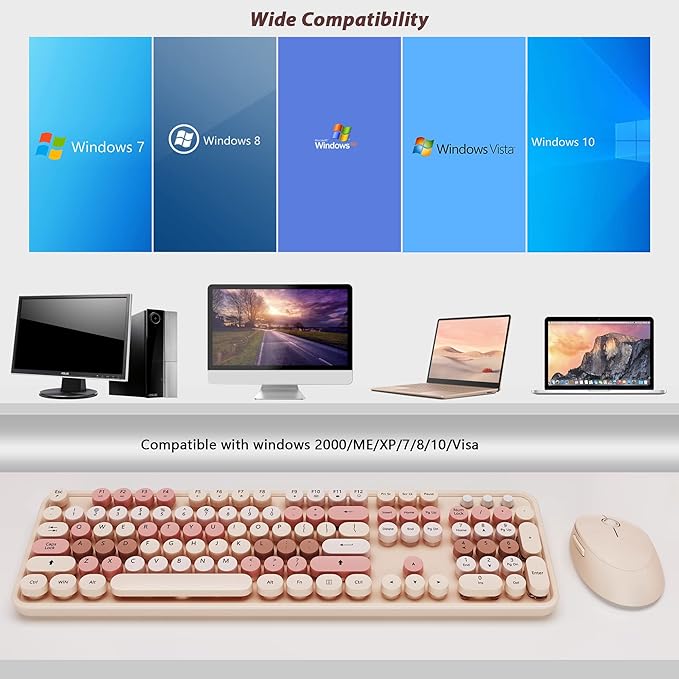Colorful Wireless Keyboard and Mouse Combo - 104 Key Wireless Keyboard with Number Pad for Windows PC, Notebook, Laptop (Chocolate)