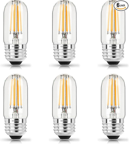 3.2 Inch 2700K Soft White E26 LED Bulb 60 Watt Equal, AC 120V 600LM Edison Bulbs Dimmable, 6W T10 T30 Tubular Filament Light Bulbs Clear Glass for Fan Pendant Wall Light, UL Listed-6 Pack