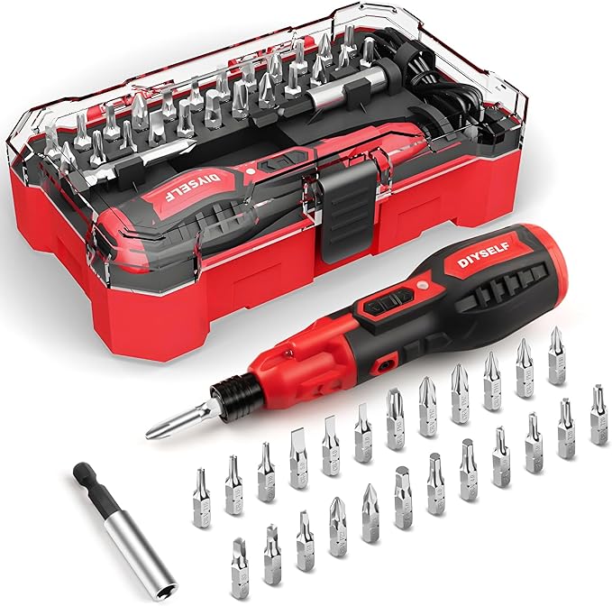 DIYSELF Electric Screwdriver Cordless Rechargeable 3.7V Power Screwdriver with LED Light 28-Piece Small Electric Screwdriver Kit Includes Bits, Magnetic Bit Holder, USB Charging Cable, Carrying (Red)