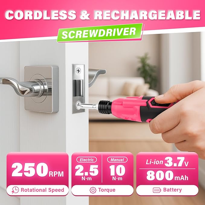 DIYSELF Electric Screwdriver Cordless Rechargeable 3.7V Power Screwdriver with LED Light 28-Piece Small Electric Screwdriver Kit Includes Bits, Magnetic Bit Holder, USB Charging Cable, Carrying (Pink)