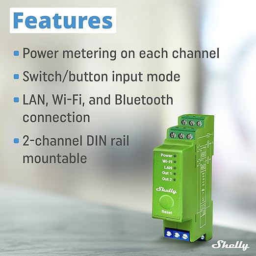Shelly Pro Dimmer 2PM | Wi-Fi & LAN 2-Channel Smart Dimmer with Power Metering | Home Automation | Bluetooth Gateway | DIN Rail | Compatible with Alexa & Google Home | Dimmable Lights