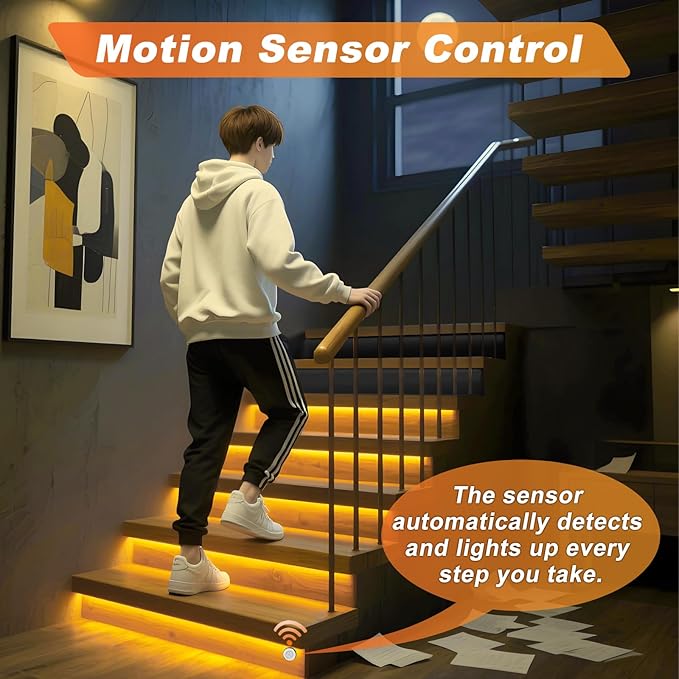 Smart Motion Sensor Stair Light for Indoor Use with Main Wire, No Wiring Required 40 inches Long COB LED Stair Lights Indoor with Remote Controller (Warm White 3000K, 20 Stairs)