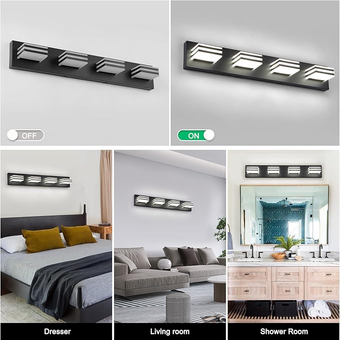 Black Bathroom Light Fixtures 24W Wall Light for Mirror 27 Inch Vanity Lighting Fixtures over Sink 4 Light LED Vanity Lamp Modern over Mirror Light Fixture Acrylic LED Light Bar for Bathroom Restroom