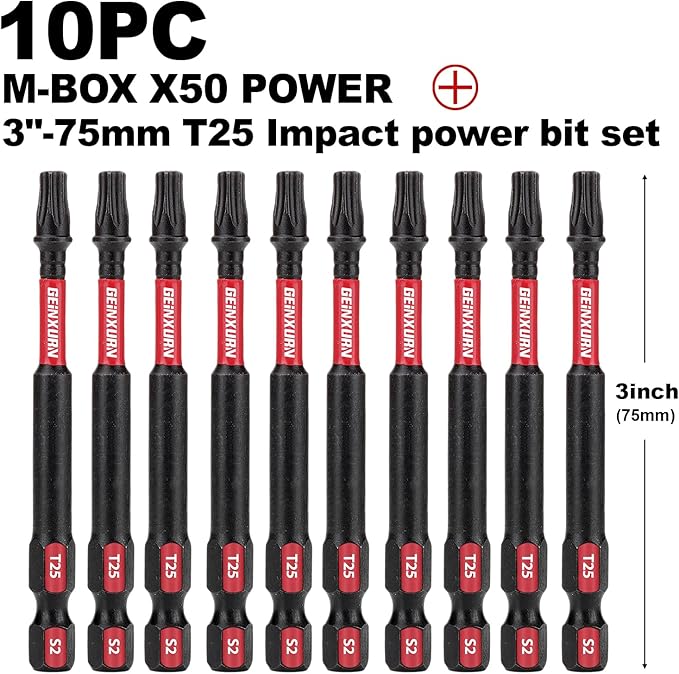 10 Pieces 3 In. T25 Impact Tough Magnetic Screwdriver Bit Set, #25 Torx Head Power Bits, S2 Alloy Steel Star Bits with Storage M-Box