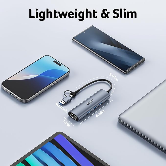 Acer USB C to Ethernet Adapter, USBC Hub Ethernet with 3 USBA 3.0 and RJ45 1Gbps LAN Port, Aluminum Heat Dissipation, USB to Network Adapter for Laptop, MacBook Pro, iPad, XPS and More