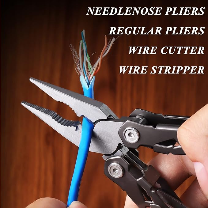 15-in-1 Multi Tool Pocket Knife, Tactical Multitool Knife Pliers, Camping Survival Gear with Knife Saw Scissors Serrated Blade Bottle Can Opener Screwdrivers Safety Lock, Unique Gifts for Men