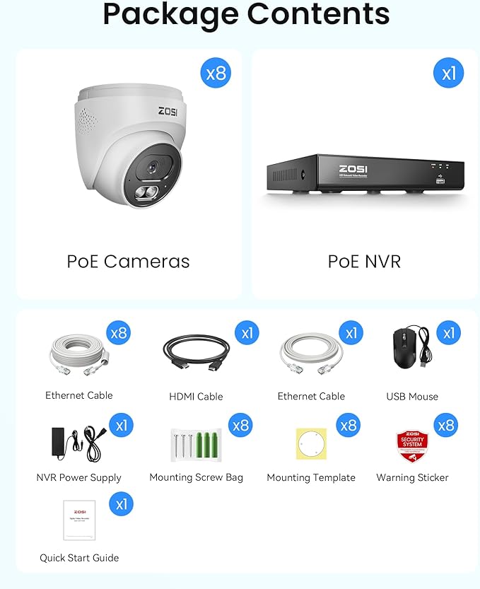 ZOSI C220 4K 8MP 8CH POE NVR Security Camera System (16CH Expandable), 8 x 8MP PoE IP Dome Cameras Outdoor Indoor, AI Human/Vehicle/Face Detection, Two-Way Talk, 100ft IR Night Vision, 2TB HDD
