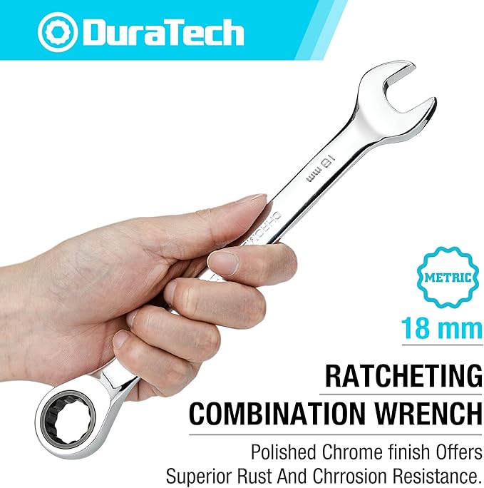 DURATECH 18mm Ratcheting Combination Wrench, SAE, 72-Tooth, 12-Point, CR-V Constructed with Mirror Polish