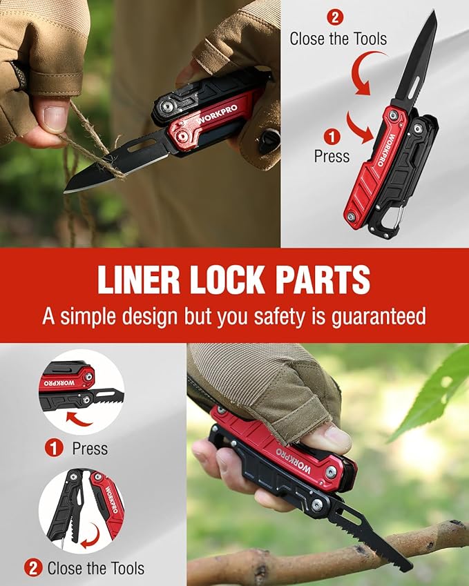 WORKPRO Multitool-11 in 1 Multitool Pliers with Pocket Clip and Sheath-EDC Multi Tool Knives with Safety Lock-Camping Tools Pocket Knife with Screwdriver Saw Blade Wire Cutter and Bottle Opener-Red