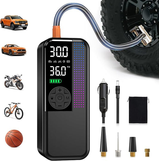 Tire Inflator Portable Air Compressor, 150 PSI Cordless Air Pump, Dual Power 6000mAh, 12V DC Car Plug, Fast Inflation 24L/Min, Auto Shut-Off, LED Light, 4 Preset Modes for Car, Bike, Motorcycle, Balls