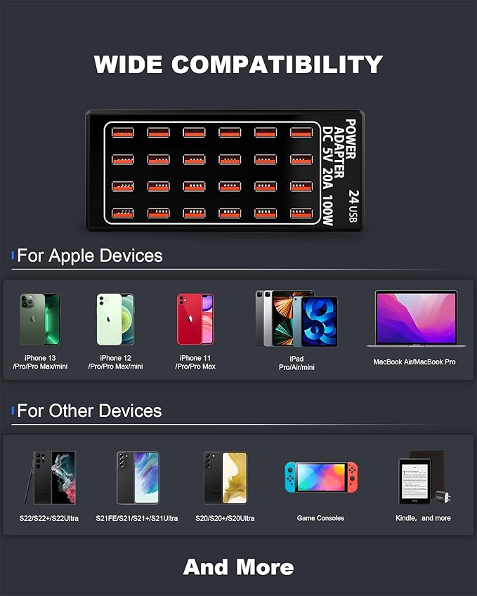 24-Port 100 watt (20 A) USB Charging Station, Travel Desktop USB Rapid Charger, Multi Ports Fast Charger Station Organizer Compatible with Smartphones, Tables, and More Devices