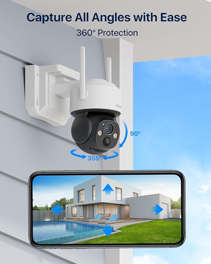 ZOSI C291 4MP Wireless Battery Security Outdoor Camera with Solar Panel, 2.5K 360 View Pan/Tilt Camera, Auto Track, PIR Human Detect, Color Night Vision, 2-Way Talk, Light Siren Alarm,32GB Memory Card
