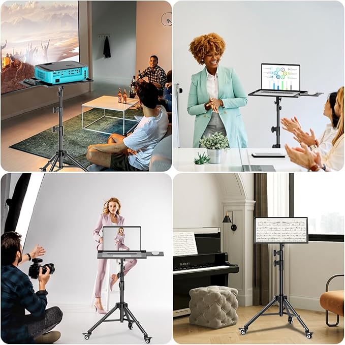 Projector Stand with Wheels, Laptop Tripod from 29" to 69" with Mouse Tray, Adjustable Height DJ Racks Stands with Gooseneck Phone Holder, for Office, Home, Stage, Studio, 1 Pack Black