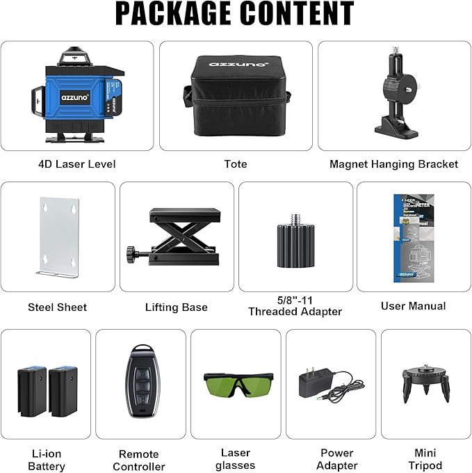 AZZUNO Laser Level 360 Self Leveling Green Beam with LCD Screen, 4x360 lazer leveler tool, Rechargeable Battery & Magnetic Base - Ideal for Construction, Tiling, Tool Gift