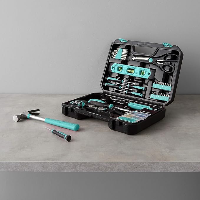 Amazon Basics Household Tool Kit With Storage Case, 142 Piece, Turquoise, 13.39 x 9.25 x 2.95 inch