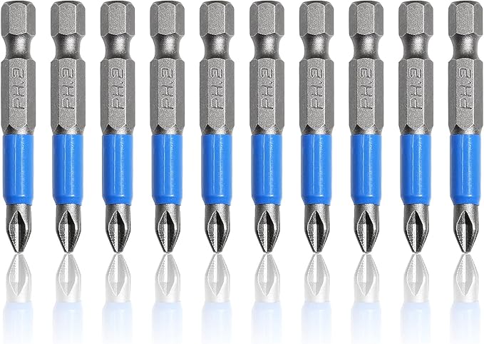 10 Pcs Magnetic Phillips Screwdriver Bit Set 2 inch Long, PH2 Phillips Bits Set, Non-Slip Cross Head Electric Screwdriver Bits Set 1/4" Hex Shank (PH2, 50mm)