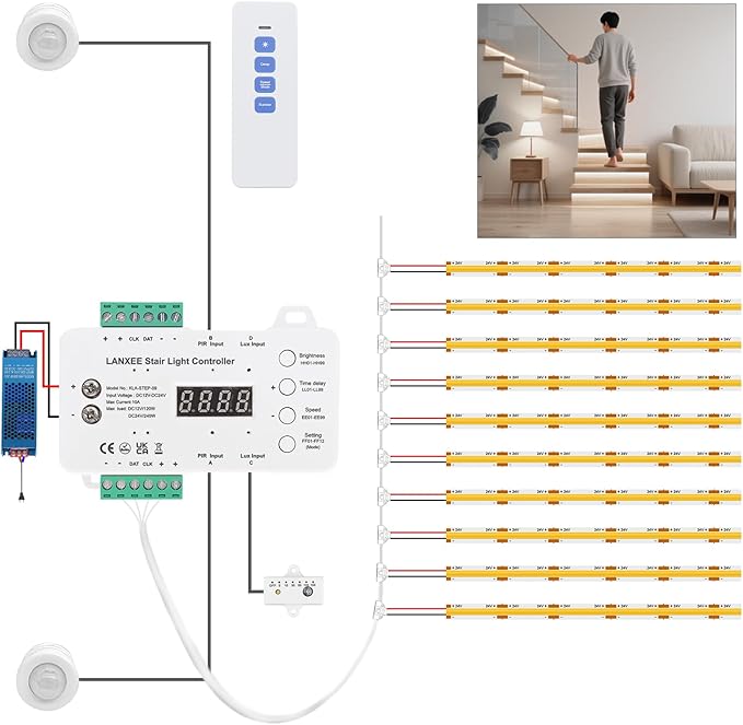Smart Motion Sensor Stair Light for Indoor Use with Main Wire, No Wiring Required 40 inches Long COB LED Stair Lights Indoor with Remote Controller (Cool White 6000K, 16 Stairs)