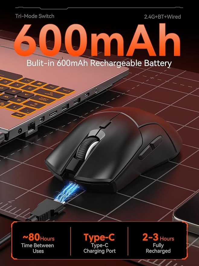 Wireless Gaming Mouse, PAW3311 Sensor, 12,000 DPI, 1,000Hz, Tri Mode (2.4G/Bluetooth/Wired), Ergonomic, USB C Rechargeable, 6 Programmable Buttons, Side Keys Mice for PC/Laptop/Mac (Black)