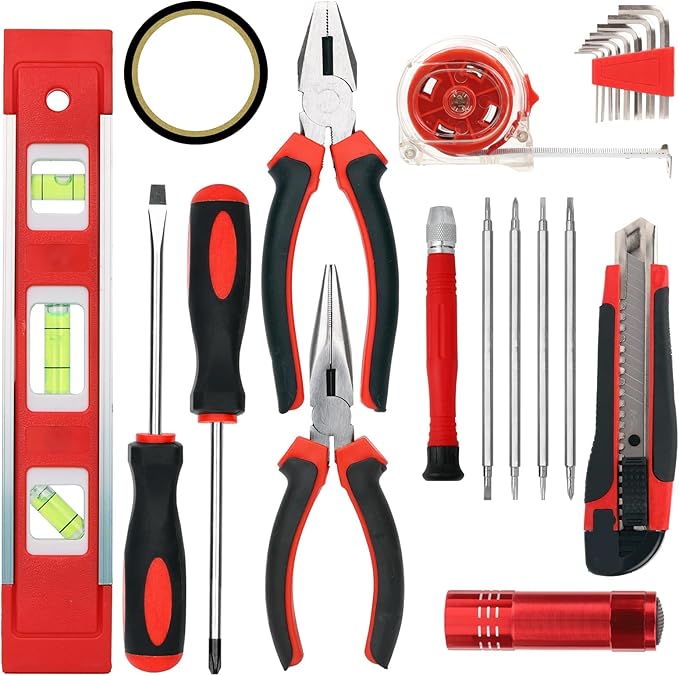 Yougfin 120 Piece Tool Set General Household Hand Kit with Plastic Toolbox Storage Case Red & Black
