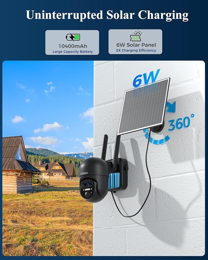 Xega 4G 【12X Hybrid Zoom】 Cellular Security Camera Outdoor with 【Dual Lens】, 2K Solar Wireless PTZ Outdoor Surveillance Camera,Smart PIR Human/Motion Detection, Two Way Talk, Built-in SIM Card, IP66