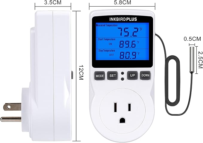 INKBIRDPLUS Plug in Thermostat Temperature Controlled Outlet Digital Thermostat Outlet Heating Cooling Control Timer 1800W 110V 15A Backlit Display (TC/Timer)