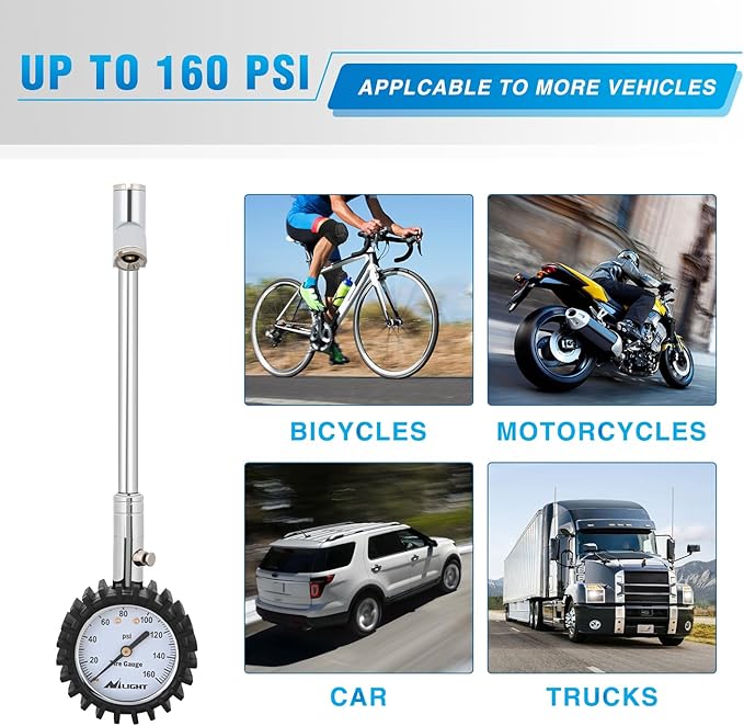 Nilight Tire Pressure Gauge 160PSI Heavy Duty Stainless Steel Dual Head Air Pressure Chucks ANSI B40.1 Certified Large 2" Dial Wheel Checker for Truck Semi Truck ATV Motorhome Cars & RV Accessories