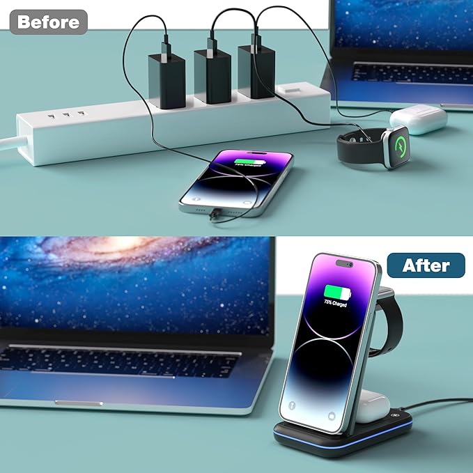 Wireless Charger for iPhone, Foldable 3 in 1 Fast Charging Station/Stand/Multi Charger for iPhone15 14 13 12 11/Xs/XR/X/8, Travel Pad for Apple Watch S8/Ultra/7/6/5/4/3/2/SE, Airpods 2/3/Pro/Pro 2
