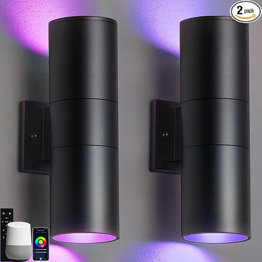 wowlite RGB Up Down Outdoor Wall Lights 2 Pack, 1200LM Smart Cylinder Outdoor Lights for House, Color Changing Exterior Lighting Fixtures APP Control Works with Alexa, IP65 Waterproof Porch Light