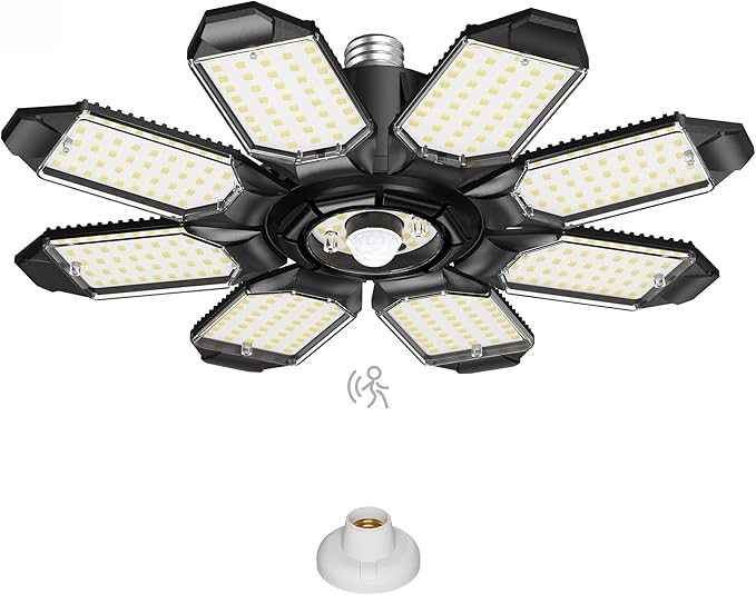 Motion Sensor Garage Light, 25000LM Motion Sensor Shop Light with 8+1 LED Panels, 6500K Daylight, Indoor Motion Activated Light Bulb for Garage, Workshop, Barn, Attic