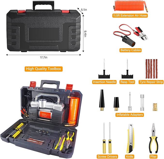 GSPSCN Portable Air Compressor Pump Dual Cylinder Heavy Duty Tire Inflator with LED Light,150 PSI 12V Air Pump with Tire Repair Kit and Toolbox for Auto,SUV,Truck tires etc Silver